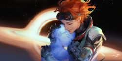 Rule 34 | 1boy, 1girl, apex legends, armor, artist name, black gloves, closed eyes, floating hair, gloves, goggles, goggles on head, hair behind ear, highres, hologram, horizon (apex legends), hug, iwamoto zerogo, mother and son, newton somers, orange hair, science fiction, space
