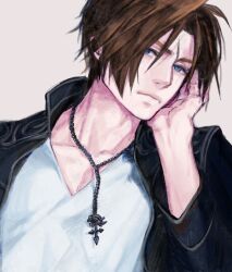 Rule 34 | 1boy, black jacket, blue eyes, brown hair, expressionless, final fantasy, final fantasy viii, grey background, head on hand, high collar, highres, jacket, jewelry, male focus, necklace, nini tw99, open clothes, open jacket, scar, scar on face, scar on forehead, shirt, short hair, simple background, solo, squall leonhart, v-neck, white shirt