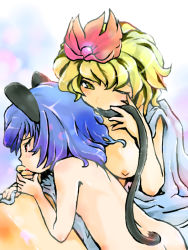 Rule 34 | 2girls, alternate hair color, animal ears, bad id, bad pixiv id, biting, biting another&#039;s tail, blonde hair, blue hair, breasts, female focus, finger in mouth, finger sucking, goton goton, hair ornament, medium breasts, mouse ears, mouse tail, multiple girls, nazrin, nipples, nude, one eye closed, red eyes, saliva, shawl, short hair, small breasts, tail, tail biting, toramaru shou, touhou, yellow eyes, yuri