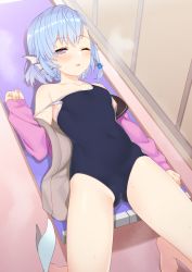 Rule 34 | 1girl, ;d, blue eyes, blue hair, blush, breasts, closed eyes, collarbone, competition school swimsuit, covered navel, elliot leucosia, fins, fish girl, head fins, highres, indoors, jacket, locker, locker room, looking at viewer, lying, on back, one-piece swimsuit, one eye closed, open clothes, open jacket, open mouth, original, school swimsuit, short hair, small breasts, smile, solo, strap slip, sweat, swimsuit, takunomi, thighs