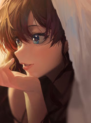 Rule 34 | 1girl, aqua eyes, bare shoulders, blurry, blush, brown hair, close-up, depth of field, eyelashes, hair between eyes, hand on own cheek, hand on own chin, hand on own face, highres, ichinose shiki, idolmaster, idolmaster cinderella girls, lips, long hair, looking afar, looking away, modare, parted lips, pink lips, solo, towel, towel on head, upper body