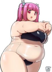 Rule 34 | 1girl, black outline, blunt bangs, breasts, commentary request, covered navel, cowboy shot, dot nose, fat, gris swimsuit, highres, large breasts, looking at viewer, looking to the side, meme attire, one-piece swimsuit, open mouth, original, outline, outstretched arms, pink eyes, pink hair, red eyes, scrunchie, see-through, see-through swimsuit, sidelocks, simple background, solo, swimsuit, tareme, thick arms, thick thighs, thighs, two side up, white background, zuisawa