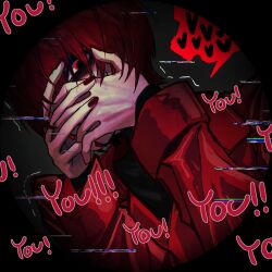 1boy black_background coat commentary_request dilated_pupils english_text eurhoa_land glitch hands_on_own_face homicipher looking_at_viewer male_focus mr._scarletella red_coat red_eyes red_hair red_nails short_hair solo trembling upper_body