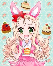 Rule 34 | 1girl, animal ears, artist name, blonde hair, blueberry, blush, rabbit ears, cake, carrot, cherry, crumbs, dress, drill hair, floral background, food, fork, frills, fruit, girls und panzer, green eyes, hair ornament, headband, holding, holding plate, kuromori yako, long hair, looking at viewer, marie (girls und panzer), open mouth, pastry, pink dress, plate, ribbon, short sleeves, smile, solo, strawberry