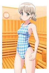 Rule 34 | 1girl, absurdres, aki (girls und panzer), blue one-piece swimsuit, breasts, commentary request, competition swimsuit, cowboy shot, girls und panzer, green eyes, highres, houndstooth, light brown hair, looking at viewer, low twintails, one-piece swimsuit, sauna, short hair, short twintails, small breasts, solo, standing, swimsuit, takafumi, twintails, two-tone swimsuit