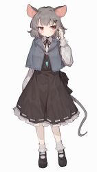 Rule 34 | 1girl, animal ears, black footwear, black skirt, bobby socks, brown eyes, capelet, commentary, frilled skirt, frills, frown, full body, grey capelet, grey hair, hair ornament, hairclip, hand up, highres, jewelry, light blush, long sleeves, looking away, looking to the side, mouse ears, mouse girl, mouse tail, nazrin, pendant, shoes, shone, short hair, simple background, skirt, socks, solo, tail, touhou, white background