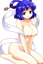 Rule 34 | 1girl, bad id, bad pixiv id, barefoot, between thighs, blue eyes, blue hair, breasts, completely nude, feet, female focus, hair ornament, hair rings, hair stick, jitome, kaku seiga, kneeling, large breasts, matching hair/eyes, mono (moiky), nipples, nude, shawl, short hair, simple background, sitting, smile, solo, thighs, touhou, v arms, wariza, white background