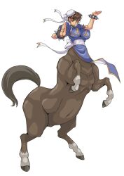 Rule 34 | 1girl, arm up, blue dress, bracelet, breasts, brown eyes, brown hair, bun cover, capcom, centaur, china dress, chinese clothes, chun-li, closed mouth, commentary request, covered erect nipples, double bun, dress, earrings, fighting stance, full body, great magami, hair bun, hands up, highres, horse tail, jewelry, large breasts, looking at viewer, monster girl, monsterification, multiple legs, pelvic curtain, puffy short sleeves, puffy sleeves, rearing, sash, short sleeves, side slit, simple background, smile, solo, spiked bracelet, spikes, standing, street fighter, street fighter ii (series), swept bangs, tail, taur, white background