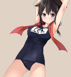 Rule 34 | 10s, 1girl, armpits, arms up, bad id, bad pixiv id, black hair, blue eyes, blush, braid, collarbone, hair flaps, hair ornament, highres, kantai collection, looking to the side, one-piece swimsuit, pussy juice, ryuuji teitoku, scarf, school swimsuit, shigure (kancolle), shigure kai ni (kancolle), single braid, solo, swimsuit