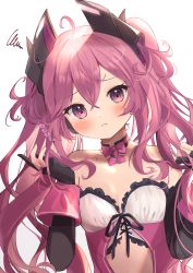 Rule 34 | 1girl, ahoge, bare shoulders, black gloves, bow, bowtie, crossed bangs, detached collar, elbow gloves, gloves, goma (u p), grace (sound voltex), headgear, partially fingerless gloves, pink eyes, solo, sound voltex, spoken squiggle, squiggle, strapless camisole, twintails, upper body