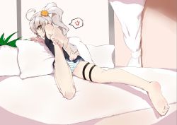 Rule 34 | 1girl, absurdres, ahoge, alternate costume, angry, ass, barefoot, bed, black dress, breasts, choumi wuti (xueye fanmang zhong), curtains, dress, feet, full body, girls&#039; frontline, hair between eyes, highres, indoors, leg up, long hair, looking at viewer, looking back, lying, on stomach, panties, parted lips, pillow, pkp (girls&#039; frontline), plant, reaching, reaching towards viewer, scrunchie, short dress, side ponytail, silver hair, skindentation, small breasts, soles, solo, striped clothes, striped panties, sweat, sweatdrop, thick eyebrows, thigh strap, toe scrunch, toes, tsurime, underwear, very long hair, yellow eyes