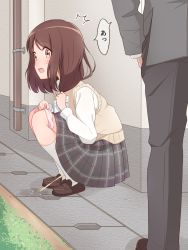 Rule 34 | 1boy, 1girl, ^^^, against wall, alley, beige vest, black pants, blush, brown eyes, brown footwear, brown hair, caught, clothes pull, dot nose, from behind, from side, full body, grey shirt, gutter, hand in pocket, highres, holding, holding tissue, kneehighs, lemonade (lemon ade115), long hair, long sleeves, lower body, original, outdoors, panties, pants, panty pull, pee, peeing, pink panties, plaid, plaid skirt, pleated, pleated skirt, print clothes, print skirt, public indecency, puddle, school uniform, shirt, shoes, skirt, socks, speech bubble, squatting, standing, surprised, tissue, underwear, underwear pull, uwabaki, vest, white shirt, white socks