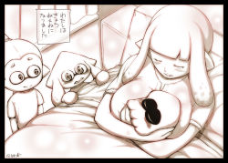 Rule 34 | 1girl, 2boys, bed, blush, breasts, carrying, child, closed eyes, indoors, inkling, inkling boy, inkling girl, inkling player character, large breasts, lying, monochrome, motherly, multiple boys, nintendo, on back, pointy ears, splatoon (series), splatoon 1, squid, tentacle hair, tentacles, translation request, yoshida inuhito