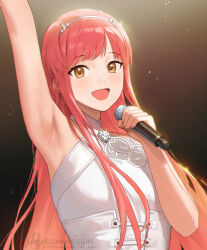 Rule 34 | 1girl, arm up, armpits, blush, breasts, dress, fate/grand order, fate (series), hairband, highres, long hair, looking at viewer, medb (fate), medb (lostroom outfit) (fate), medium breasts, microphone, nhaliz, open mouth, pink hair, sidelocks, smile, solo, white dress, yellow eyes