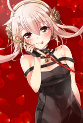 Rule 34 | 1girl, ahoge, alternate hairstyle, bare shoulders, black dress, black gloves, blood, bloody weapon, blush, breasts, cleavage, cosplay, dagger, dress, earrings, fate/kaleid liner prisma illya, fate (series), fingerless gloves, flower, gloves, gold earrings, gold hairband, hair between eyes, hair flower, hair ornament, hairband, highres, holding, holding dagger, holding knife, holding weapon, illyasviel von einzbern, jewelry, knife, long hair, looking at viewer, mochi (k620803n), red eyes, revision, rose, sidelocks, sleeveless, sleeveless dress, small breasts, smile, solo, spy x family, tongue, tongue out, weapon, white hair, yor briar, yor briar (cosplay)