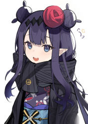 Rule 34 | 1girl, absurdres, black scarf, blue eyes, blunt bangs, double bun, enpera, flower, hair bun, hair flower, hair ornament, haori, headpiece, highres, hololive, hololive english, japanese clothes, kimono, long hair, mole, mole under eye, ninomae ina&#039;nis, ninomae ina&#039;nis (new year), obi, obiage, obijime, open mouth, pointy ears, purple hair, purple kimono, red flower, sash, scarf, simple background, smile, solo, striped clothes, striped scarf, torry912, upper body, virtual youtuber, white background