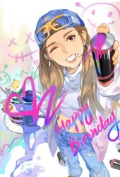 Rule 34 | 1girl, absurdres, backwards hat, blue hat, brown eyes, brown hair, cake, can, chinese commentary, cropped shirt, denim, drawing on fourth wall, food, fourth wall, from above, goggles, goggles on head, hair behind ear, happy birthday, hat, highres, holding, holding can, jeans, k-pop, mamamoo, midriff, moonbyul (mamamoo), navel, paint splatter, paint splatter on face, pants, parted lips, real life, shanhu686, shirt, smile, solo, spray can, star (symbol), streetwear, torn clothes, torn pants, turtleneck, white shirt