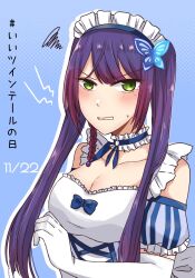 Rule 34 | 1girl, alternate hairstyle, annoyed, arm at side, assault lily, blue background, blue ribbon, blush, braid, breasts, butterfly hair ornament, cleavage, clenched teeth, collar, collarbone, commentary, cross-laced clothes, cross-laced dress, date pun, detached sleeves, dress, elbow gloves, frilled collar, frilled dress, frilled sleeves, frills, funada kiito, gloves, green eyes, hair ornament, halftone, halftone background, hand up, large breasts, lightning bolt symbol, long hair, looking at viewer, maid headdress, mole, mole under eye, neck ribbon, nigari (ngari 0115), number pun, official alternate costume, parted lips, puffy detached sleeves, puffy short sleeves, puffy sleeves, purple hair, ribbon, short sleeves, side braid, single braid, sleeveless, sleeveless dress, solo, squiggle, sweatdrop, teeth, translated, twintails, twintails day, upper body, v-shaped eyebrows, waitress, white collar, white dress, white gloves