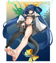 Rule 34 | 1girl, angel wings, asymmetrical legwear, asymmetrical wings, bare legs, bare shoulders, barefoot, belt, blue hair, border, breasts, choker, detached sleeves, dizzy (guilty gear), eiji (eiji), feet, foot focus, foreshortening, gluteal fold, greek toe, guilty gear, guilty gear xrd, hair between eyes, hair ribbon, hair rings, hand on own chest, highres, large breasts, long hair, looking at viewer, midriff, monster girl, nail polish, pink nails, red eyes, ribbon, smile, soles, solo, tail, tail ornament, tail ribbon, thigh strap, thighs, toenail polish, toenails, toes, twintails, underboob, white border, wide sleeves, wings, yellow ribbon