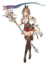 Rule 34 | 1girl, absurdres, atelier (series), atelier ryza, atelier ryza 3, banner, belt, blue belt, breast pocket, breasts, brown belt, brown eyes, brown gloves, brown hair, flask, gloves, hand on own hip, hat, highres, holding, holding staff, jacket, jewelry, large breasts, leather, leather belt, leather gloves, necklace, official art, pocket, red shorts, reisalin stout, short shorts, shorts, single glove, sleeveless, sleeveless jacket, staff, thick thighs, thighs, toridamono, transparent background, white hat, yellow jacket