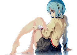 Rule 34 | 10s, 1girl, bare legs, barefoot, blue eyes, blue hair, feet, hair ornament, hairclip, legs, looking at viewer, mahou shoujo madoka magica, matching hair/eyes, miki sayaka, open mouth, parsley-f, plaid, plaid skirt, profile, reflective floor, school uniform, short hair, simple background, sitting, skirt, soles, solo, toes, white background
