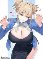 1girl absurdres blue_jacket breasts cleavage double_bun dress ear_piercing green_eyes grin hair_bun heart highres jacket jjune large_breasts long_sleeves looking_at_viewer open_clothes open_jacket original piercing simple_background smile two-tone_background