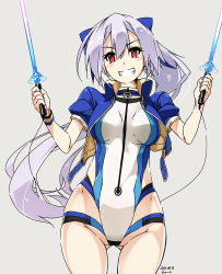 Rule 34 | 1girl, blue bow, blue jacket, bow, breasts, competition swimsuit, cowboy shot, cropped jacket, dated, dual wielding, energy sword, fate/grand order, fate (series), gluteal fold, hair between eyes, hair bow, holding, jacket, long hair, looking at viewer, medium breasts, one-piece swimsuit, open clothes, open jacket, ponytail, red eyes, shikei, short sleeves, silver hair, smile, solo, swimsuit, sword, tomoe gozen (fate), tomoe gozen (swimsuit saber) (fate), tomoe gozen (swimsuit saber) (first ascension) (fate), two-tone swimsuit, weapon, white background