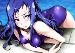 Rule 34 | 1girl, bare shoulders, blue eyes, blue hair, blurry, blush, breasts, cleavage, collarbone, depth of field, dokidoki! precure, covered erect nipples, foreshortening, frown, half updo, hishikawa rikka, long hair, matching hair/eyes, nakahira guy, one-piece swimsuit, precure, solo, swimsuit, tsurime, water