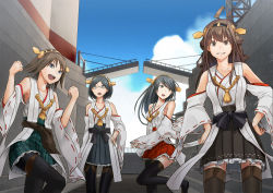 Rule 34 | 10s, 4girls, ahoge, bad id, bad pixiv id, black hair, blue eyes, blue sky, boots, breasts, brown eyes, brown hair, clenched hands, cloud, day, detached sleeves, double bun, drawbridge, grin, hand on own hip, haruna (kancolle), hiei (kancolle), highres, kantai collection, kirishima (kancolle), kongou (kancolle), large breasts, leg up, lineup, looking at viewer, miniskirt, multiple girls, nontraditional miko, open mouth, outdoors, pantyhose, plaid, plaid skirt, pleated skirt, rane (etsu), ribbon-trimmed sleeves, ribbon trim, short hair, skirt, sky, sleeves past wrists, smile, standing, thigh boots, thighhighs, wide sleeves, zettai ryouiki