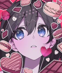 1girl absurdres black_hair blue_eyes candy chocolate chocolate_bar commentary english_commentary food hair_between_eyes highres lollipop long_hair looking_to_the_side macaron original parted_lips tomya valentine