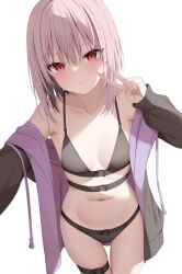 Rule 34 | 1girl, armpits, bare shoulders, belt, bikini, black bikini, black jacket, breasts, collarbone, cowboy shot, hand up, jacket, kamu (geeenius), long sleeves, looking at viewer, multiple belts, navel, off shoulder, open clothes, open jacket, original, outstretched arm, pink hair, red eyes, short hair, small breasts, smile, solo, standing, stomach, string bikini, swimsuit, thigh belt, thigh strap, thighs, v