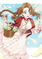 Rule 34 | :d, absurdres, aerith gainsborough, basket, blue background, braid, breasts, brown hair, cleavage, dress, feathers, final fantasy, final fantasy vii, final fantasy vii remake, flower, green eyes, highres, open mouth, painttool sai (medium), short sleeves, smile, solo, standing, wristband
