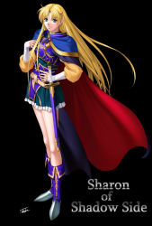 Rule 34 | 1girl, armor, armored boots, black background, blonde hair, blue eyes, boots, cape, dress, gloves, long hair, sharon, simple background, solo, sword, takatan, very long hair, weapon, words worth