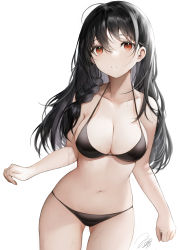 Rule 34 | 1girl, bikini, black bikini, black hair, braid, breasts, brown eyes, cleavage, collarbone, commentary request, gluteal fold, halterneck, haori io, highres, large breasts, long hair, messy hair, navel, original, parted lips, simple background, solo, string bikini, swimsuit, thighs, white background