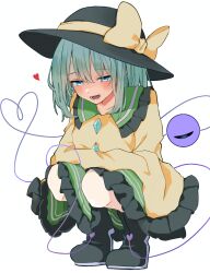 Rule 34 | 1girl, :d, black hat, blush, bow, buttons, commentary, diamond button, frilled skirt, frilled sleeves, frills, full body, green eyes, green hair, green skirt, hair between eyes, half-closed eyes, hat, hat bow, heart, heart of string, highres, komeiji koishi, koroyarou, long sleeves, looking at viewer, lower teeth only, medium hair, open mouth, shirt, shoes, simple background, skirt, sleeves past fingers, sleeves past wrists, smile, solo, squatting, straight hair, teeth, third eye, tiptoes, touhou, white background, wide sleeves, yellow bow, yellow shirt