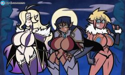 Rule 34 | 3girls, absurdres, aqua eyes, armor, bikini armor, blonde hair, breasts, cape, cartoonized, cleavage, cleavage cutout, clothing cutout, covered erect nipples, dark-skinned female, dark skin, delva celebrian, elda ballad, elf, fur trim, gloves, gradient hair, hair over one eye, hand on own hip, highres, huge breasts, joseph brito, large breasts, long hair, looking at viewer, misery stentrem, multicolored hair, multiple girls, navel, parted lips, pointy ears, purple hair, red eyes, revealing clothes, short hair, slingshot swimsuit, smile, swimsuit, thighhighs, toon (style), yellow eyes, youkoso! sukebe elf no mori e