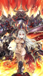 Rule 34 | 10s, 1girl, :o, arm up, armor, armored boots, asanagi, bare shoulders, boots, breastplate, breasts, chestnut mouth, colo mag-chan, colossus (granblue fantasy), covered navel, cross, cyclops, elbow gloves, embers, fire, floating hair, from below, full armor, full body, gauntlets, gloves, glowing, glowing eye, granblue fantasy, grey gloves, grey thighhighs, groin, hair between eyes, halterneck, helmet, high heel boots, high heels, highleg, highleg leotard, highres, holding, holding sword, holding weapon, horns, huge weapon, large breasts, leotard, long hair, looking at viewer, navel, one-eyed, open mouth, red eyes, shiny clothes, sidelocks, size difference, skin tight, solo, standing, sword, taut clothes, taut leotard, thighhighs, turtleneck, very long hair, weapon, white hair, wide hips
