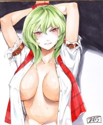 Rule 34 | 1girl, angry, arm belt, arms behind head, arms up, artist name, asutora, bare arms, bdsm, blush, bondage, bound, bound wrists, breasts, breasts apart, closed mouth, covered erect nipples, dress shirt, green hair, hair between eyes, kazami yuuka, large breasts, looking at viewer, navel, no bra, open clothes, open shirt, photo (medium), plaid, plaid vest, red eyes, shirt, signature, solo, sweat, torn clothes, torn sleeves, touhou, traditional media, upper body, vest