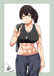 Rule 34 | 1girl, abs, alternate costume, black sports bra, blue pants, breasts, brown eyes, brown hair, collarbone, dog tags, highres, kaga (kancolle), kantai collection, large breasts, long hair, midriff, navel, pants, short sidetail, side ponytail, solo, sports bra, standing, yua (checkmate)