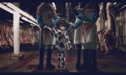 Rule 34 | 1girl, 3boys, absurdres, animal ears, animal print, apron, barefoot, black footwear, blind, blind girl (popopoka), blood, blood on clothes, blue gloves, boots, brown hair, carcass, chain, child, chinese zodiac, clipboard, collar, commentary, cow ears, cow print, earclip, elbow gloves, english commentary, fake animal ears, gloves, grey eyes, grey pants, hairband, height difference, highres, holding, injection, letterboxed, long sleeves, metal collar, multiple boys, original, pants, pants tucked in, parted lips, popopoka, rubber gloves, shirt, solo focus, syringe, year of the ox