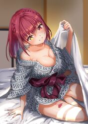 Rule 34 | 1girl, absurdres, alternate hairstyle, arm support, bath yukata, blush, braid, breasts, cleavage, earrings, futon, head tilt, heart, heart earrings, heterochromia, highres, hololive, houshou marine, japanese clothes, jewelry, kimono, large breasts, ling mu, looking at viewer, off shoulder, print kimono, red eyes, side braids, single bare shoulder, smile, solo, virtual youtuber, yellow eyes, yukata