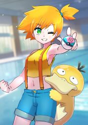 Rule 34 | absurdres, armpits, asymmetrical hair, blue eyes, blush, breasts, creatures (company), game freak, gen 1 pokemon, highres, holding, holding poke ball, looking at viewer, medium breasts, midriff, misty (pokemon), navel, nintendo, one eye closed, open mouth, orange hair, poke ball, pokemon, pokemon (anime), pokemon (classic anime), ponytail, psyduck, shirt, short hair, shorts, side ponytail, sleeveless, sleeveless shirt, smile, solo, suspenders, thighs, wink