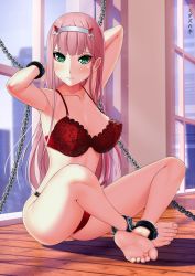 Rule 34 | 10s, 1girl, aqua eyes, armpits, arms behind head, barefoot, bdsm, bondage, bound, bound arms, bound legs, bra, breasts, chain, cleavage, closed mouth, collarbone, commentary request, cuffs, darling in the franxx, day, feet, floral print, full body, hairband, handsofmidaz, highres, horns, indian style, indoors, lace, lace-trimmed bra, lace-trimmed panties, lace trim, light smile, long hair, looking at viewer, medium breasts, panties, pink hair, print bra, red bra, red panties, shackles, shadow, sitting, soles, solo, straight hair, toes, translation request, underwear, underwear only, white hairband, window, wooden floor, zero two (darling in the franxx)