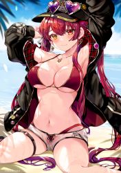 Rule 34 | 1girl, armpits, bad id, bad twitter id, beach, bikini, bikini under clothes, black hat, black jacket, blue sky, breasts, closed mouth, cloud, commentary request, day, earrings, eyewear on headwear, hat, heart, heart-shaped eyewear, heart earrings, heart necklace, highres, hololive, houshou marine, houshou marine (summer), jacket, jewelry, large breasts, long hair, looking at viewer, navel, necklace, ocean, outdoors, red bikini, red eyes, red hair, sand, short shorts, shorts, sitting, sky, smile, solo, soraneko hino, sweat, swimsuit, twintails, virtual youtuber, white shorts, yellow eyes