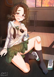 Rule 34 | 1girl, blush, breasts, brown eyes, brown hair, cameltoe, classroom, covered erect nipples, girls und panzer, green skirt, highres, impossible clothes, impossible skirt, indoors, large breasts, looking at viewer, megadeko, miniskirt, navel, no panties, ooarai school uniform, open mouth, pleated skirt, sawa azusa, school uniform, short hair, skirt, smile, solo