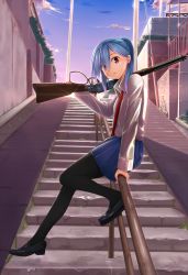 Rule 34 | 1girl, :o, backlighting, black footwear, black pantyhose, blue hair, blue skirt, breasts, brick wall, building, bush, carrying over shoulder, chestnut mouth, cloud, collared shirt, day, dress shirt, from side, full body, gradient hair, gun, hair over one eye, half updo, highres, holding, holding gun, holding weapon, lasel, lens flare, lever action, loafers, long hair, long sleeves, looking at viewer, multicolored hair, necktie, original, outdoors, over shoulder, pantyhose, pole, purple hair, railing, red eyes, red necktie, rifle, school uniform, shade, shirt, shoes, sitting, skirt, sky, small breasts, solo, stairs, swept bangs, tan, weapon, weapon over shoulder, white shirt