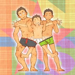 Rule 34 | 3boys, age difference, bad id, bad pixiv id, black eyes, black hair, black male underwear, blush, briefs, bulge, closed eyes, facial hair, full body, green male underwear, male focus, male underwear, multiple boys, muscular, navel, onii-shota, original, shared clothes, stubble, sweat, tan, topless male, torte (triggerhappy), underwear, white male underwear