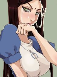 Rule 34 | 1girl, alice: madness returns, alice liddell (american mcgee&#039;s alice), american mcgee&#039;s alice, american mcgee's alice, artist request, blue dress, blush, brown hair, cum, cum on hair, dress, facial, green eyes, jewelry, looking at viewer, necklace, simple background, solo, tears