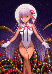 Rule 34 | 1girl, absurdres, bb (fate), bb (fate) (all), bb (swimsuit mooncancer) (fate), bb (swimsuit mooncancer) (third ascension) (fate), commentary request, fate/grand order, fate (series), feet out of frame, full moon, gloves, hair ribbon, highleg, highleg leotard, highres, kep (ahokep), leotard, looking at viewer, moon, night, night sky, purple eyes, purple hair, red ribbon, revision, ribbon, sitting, sky, smile, solo, tan, white gloves, white leotard