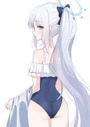 Rule 34 | 1girl, absurdres, ash (cat7evy), ass, blue archive, blue one-piece swimsuit, blush, bow, frilled one-piece swimsuit, frills, from behind, grey hair, hair bow, halo, highres, long hair, looking at viewer, looking back, miyako (blue archive), miyako (swimsuit) (blue archive), one-piece swimsuit, ponytail, profile, purple eyes, simple background, solo, sweatdrop, swimsuit, very long hair, white background